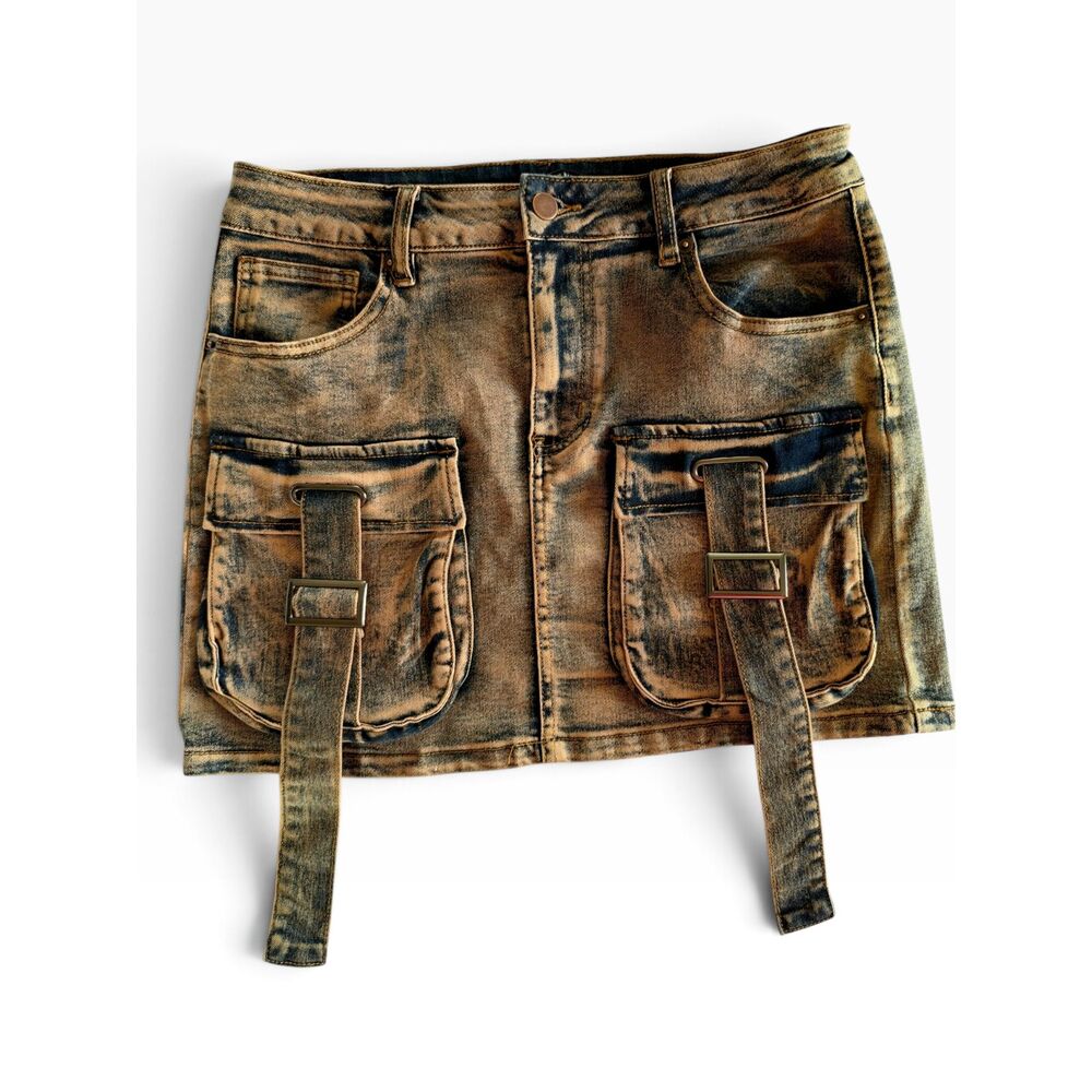 American Bazi Copper/Black Acid Wash Cargo Denim Mini Skirt